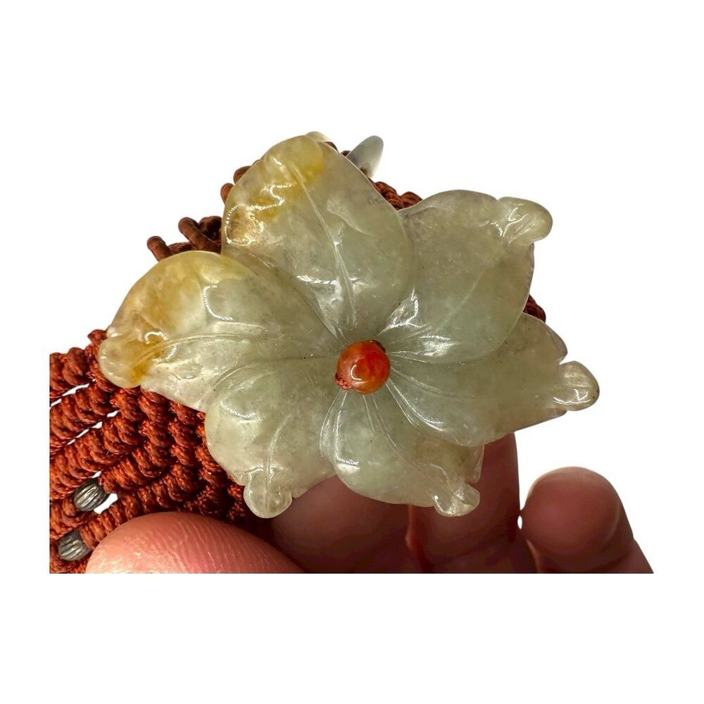 Vintage Asian Woven Cord & Carved Jade Flower Bracelet